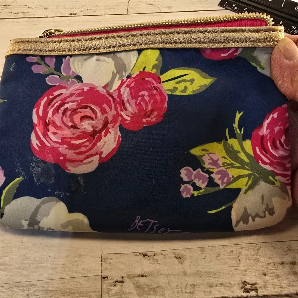 Betsey Johnson Floral Makeup Bag Navy Blue Pink Rose Gold Trim Zipper Pouch